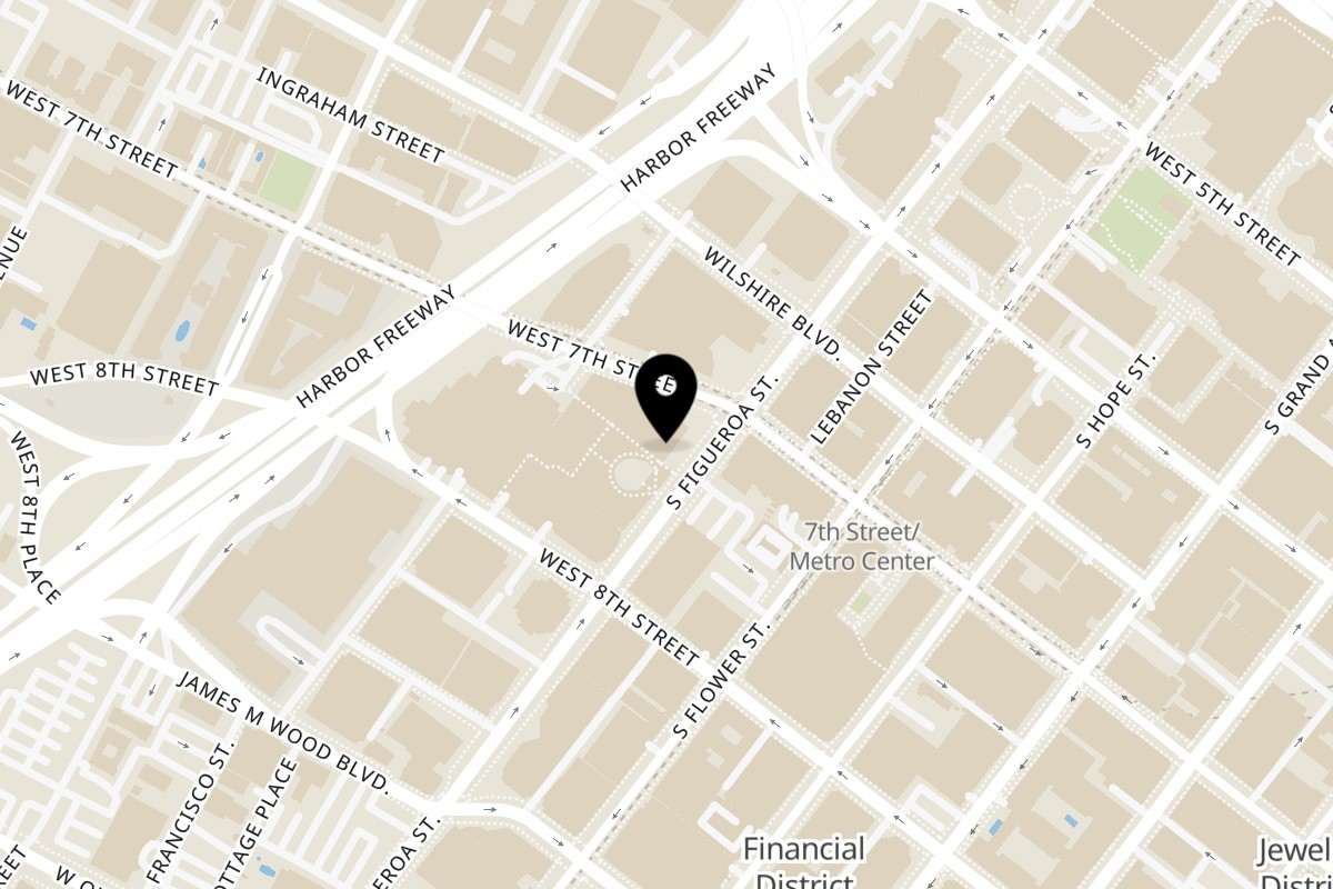 Map showing the location of Mighty Bowl on 735 S Figueroa St in Los Angeles